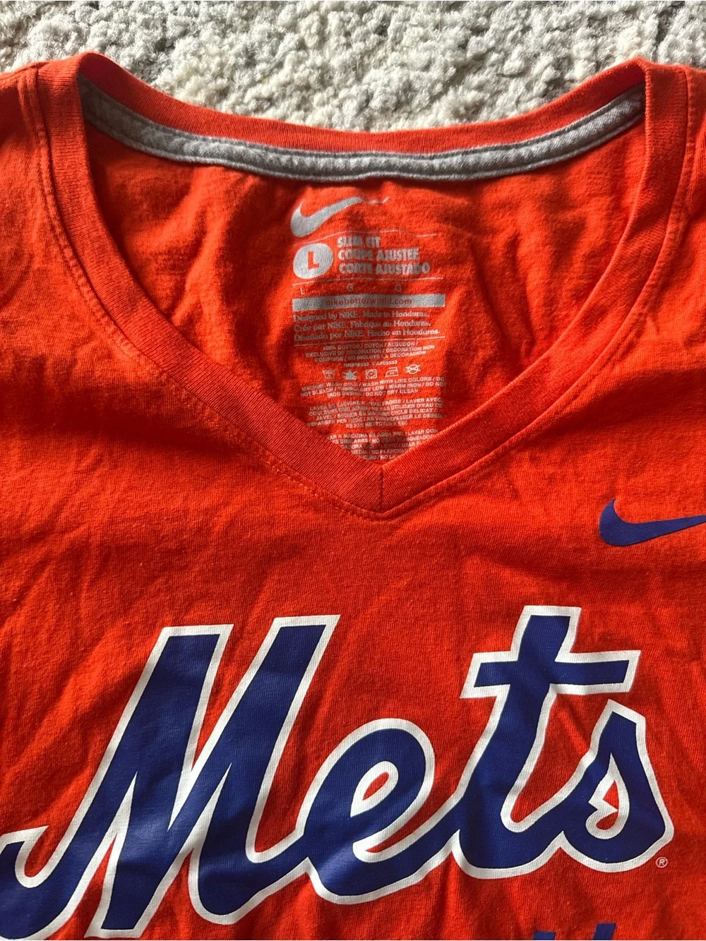 Nike Orange Mets V‑Neck Tee with Blue and White Logos